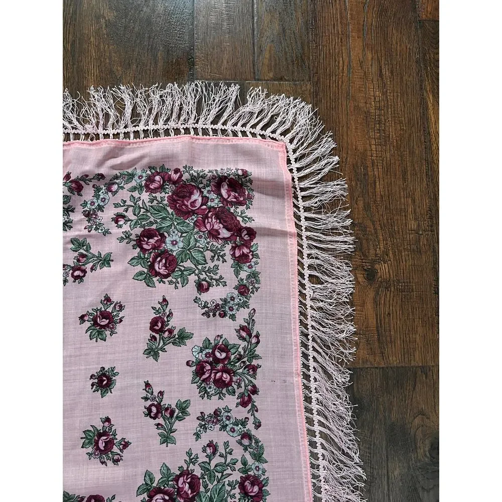 Vintage Kashmir Woole Floral Fringe Scarf - Pink Rose Square Wrap Bohemian Style